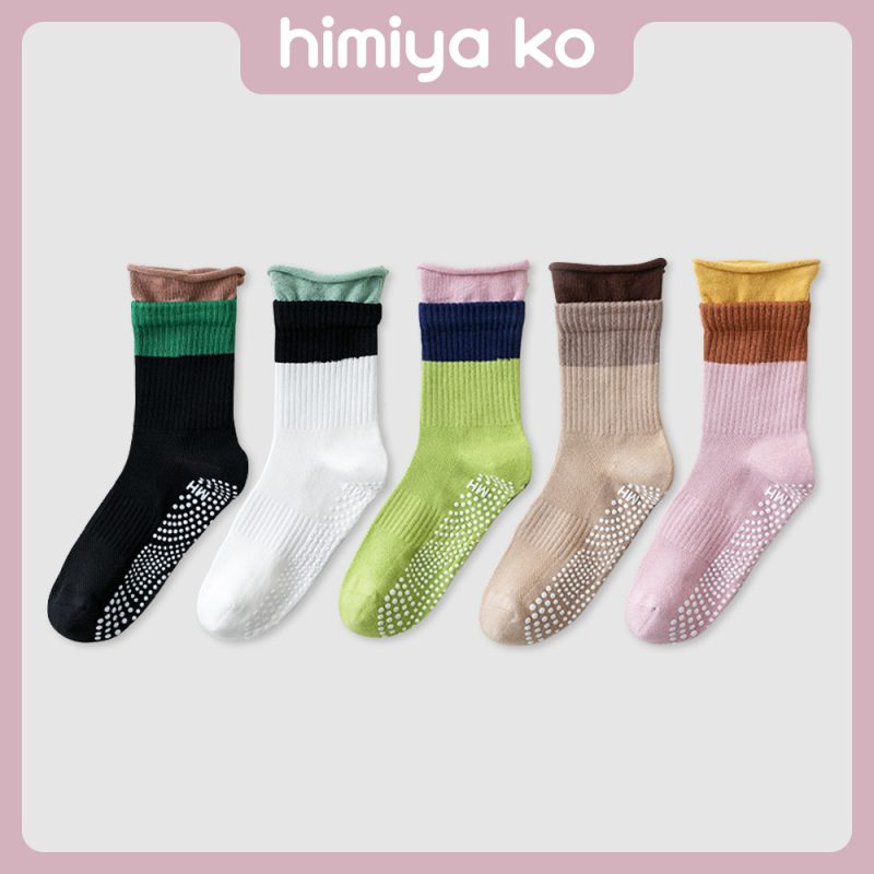 Summer New Contrast Color Roll Yoga Socks Dopamine Color Sports Non-slip Floor Socks Breathable Cotton Mid-tube Socks for Women
