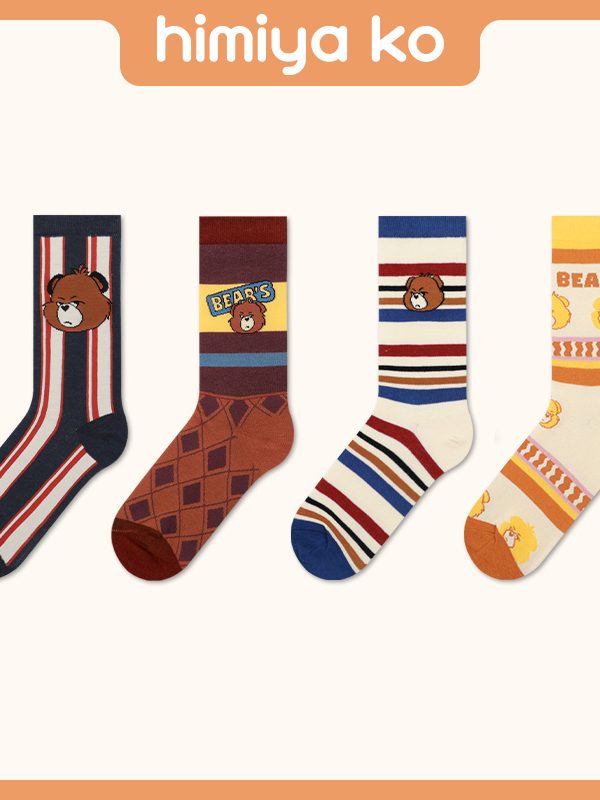 Autumn/winter Original Mid-calf Socks Women's Ins Bear Striped Trendy Cotton Socks Japan/korea Style Fine Combed Cotton