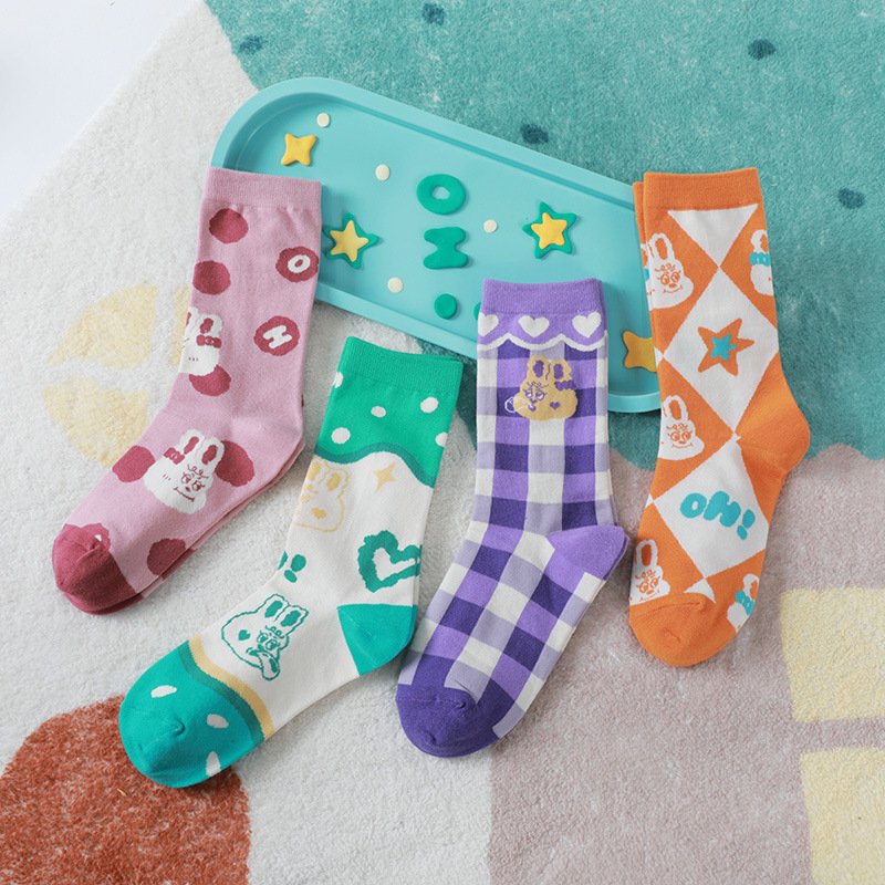 Hi Bobo Rabbit Series Socks Women's Sweet Girl Style Combed Cotton Socks Middle Tube Stretch Rakou 4 Color Optional Spot - Image 3