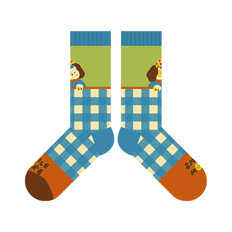 Cartoon Dog Socks: Blue Lattice Autumn Winter Fashion Cotton Tube Socks - Image 8