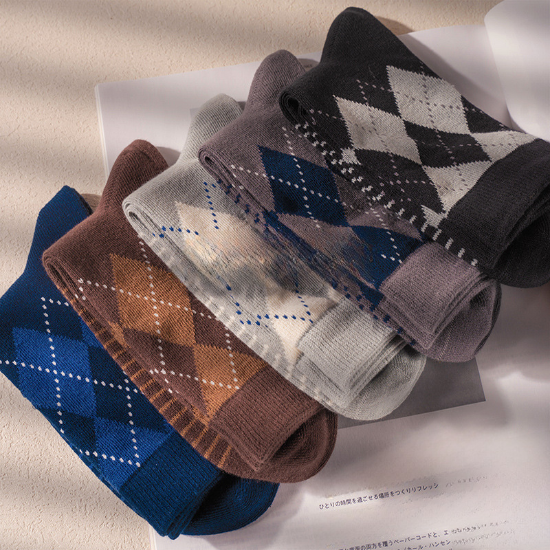 Men's Plaid Socks: British Style Cotton Dress Socks for Fall & Winter