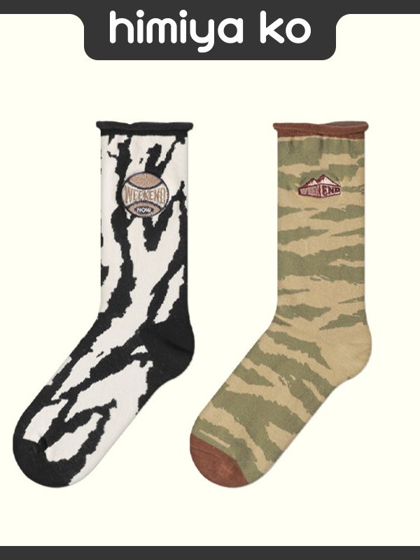 2025 spring and summer socks women's zebra pattern camping style series embroidered mid-calf length socks roll mouth couple combed cotton socks