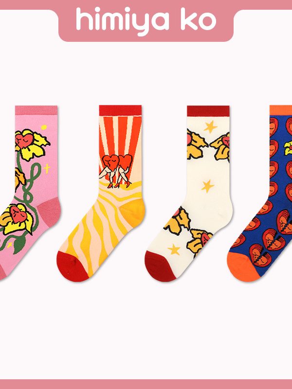 2025 Spring New Socks for Women, Flower Heart Series Little Red Riding Book Artists Jointly Name 5-Color Trend Mid-Tube Cotton Socks