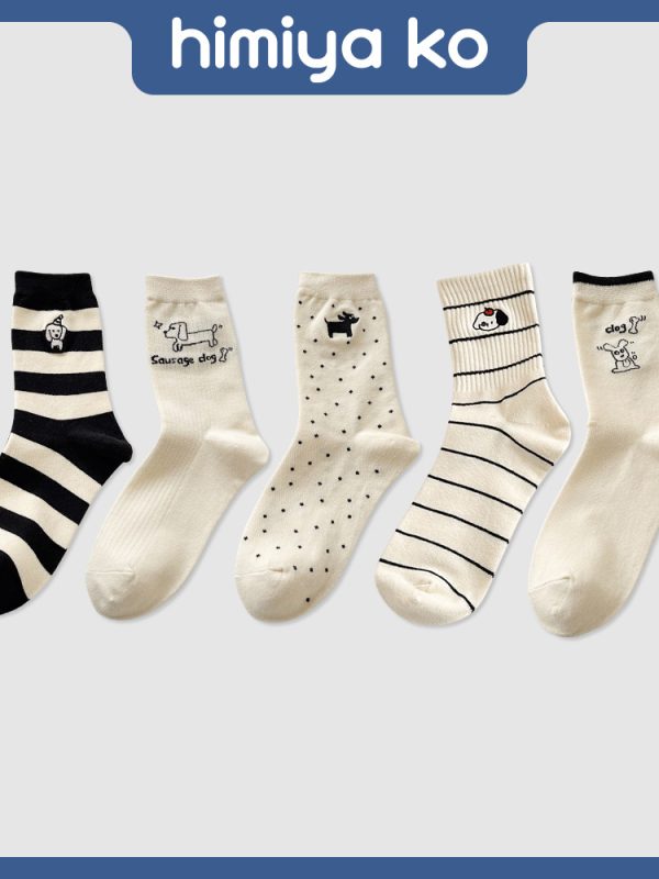 Summer New Black and White Striped Embroidered Mid-tube Socks Women's Fashion Cute Cartoon Puppy Cotton Socks