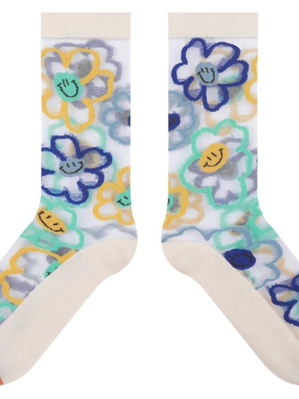 Glass stockings wholesale socks women blue flower thin ins tide socks summer crystal stockings flower socks spot