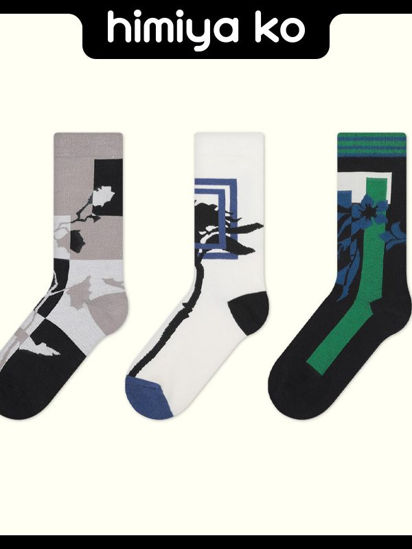 himiya ko original designer socks women's autumn and winter retro flower mid-calf length socks Korean style niche stockings Cotton