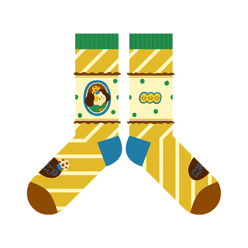 Cartoon Dog Socks: Blue Lattice Autumn Winter Fashion Cotton Tube Socks - Image 5