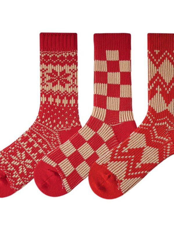 Year of birth red socks men's and women's autumn and winter thickened thick thread double needle double-way boneless couple socks women's mid-calf length socks