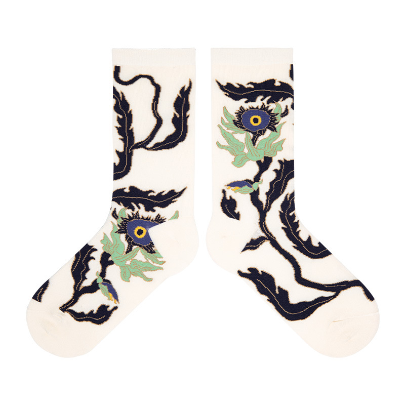 Himiya ko socks female dancing sunflower series designer ins style combed cotton mid-calf length socks thickened - Image 6