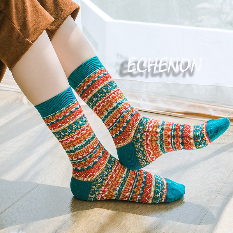 Fair Isle Socks: Vintage Ethnic Combed Cotton Mid-Calf Socks for Women & Men - Image 2