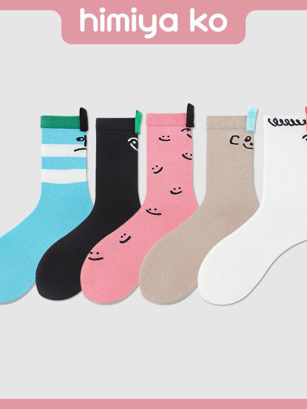Summer New Style Simple Ins Style Blue White Strip Mid-tube Socks Women's Fashionable Fresh Smile Lanyard Couple's Cotton Socks