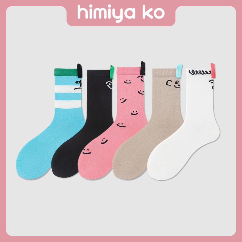 Summer New Style Simple Ins Style Blue White Strip Mid-tube Socks Women's Fashionable Fresh Smile Lanyard Couple's Cotton Socks