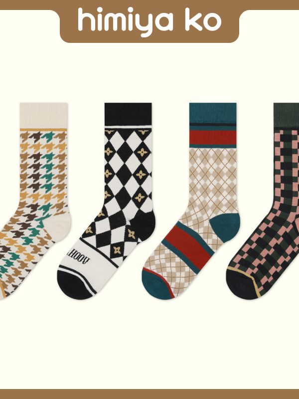 himiya ko socks Women's Mid-barrel black and white houndstooth high-end four-season ins quality combed cotton socks