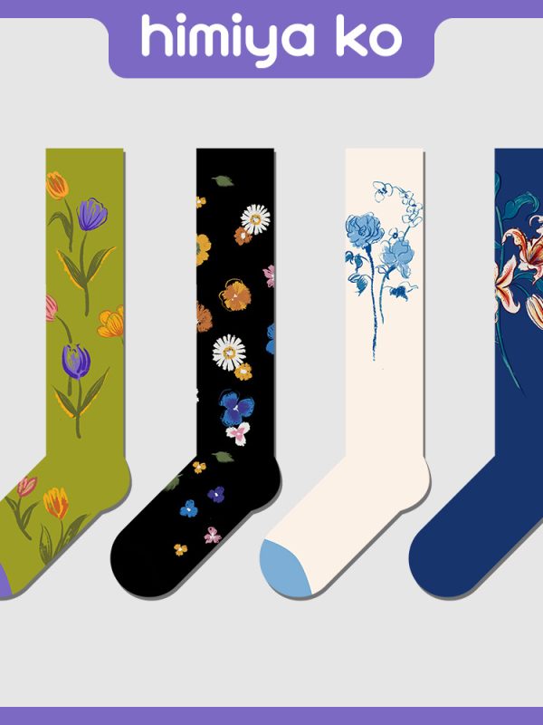 Himiya ko socks winter women's long stockings flower simple personality calf socks long socks versatile thick cotton socks ins
