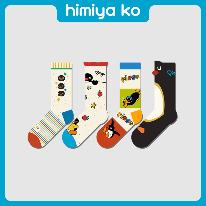 Autumn and Winter Shaped Rakou Cartoon Mid-tube Socks Women's Fashion Trend Letter New Penguin Illustration Cute Cotton Socks for Men