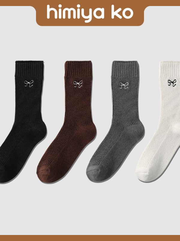 Himiya Ko Autumn and Winter Bow Double Needle Embroidered Mid-Tube Socks Women's Japanese Style Instagram Style Stocking  Socks