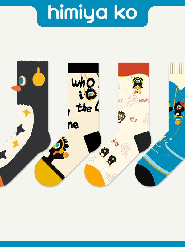 Summer original personality crazy penguin series tube socks women's cute cartoon letters wavy edge socks men sweat