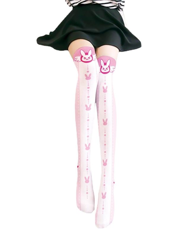Printed Silk Stockings Thin Women's Spring and Autumn Japanese Style Lolita Cute Animation Over-the-Knee Long White Velvet Socks