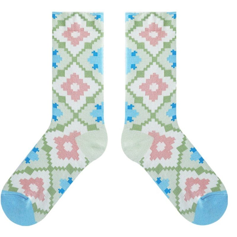2025 Autumn New Moroccan Tile Series Women's Socks Trendy Quality Combed Cotton Socks Mid-length Socks 3 Color Closed Eyes