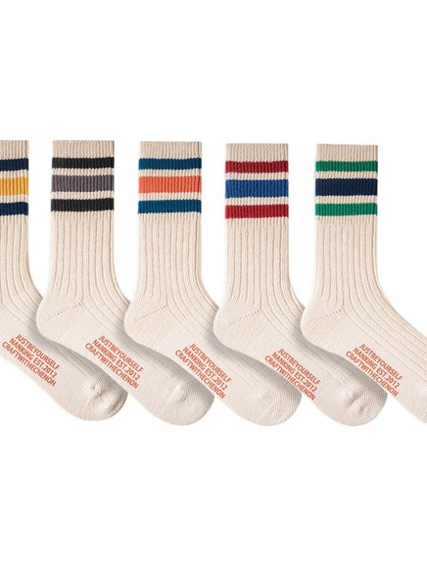 2024 Autumn and Winter New Socks Men's Boneless Combed Cotton Heavy Industry Thickened Solid Color Drawstrip Japanese Style Three-bar Vintage Stockings