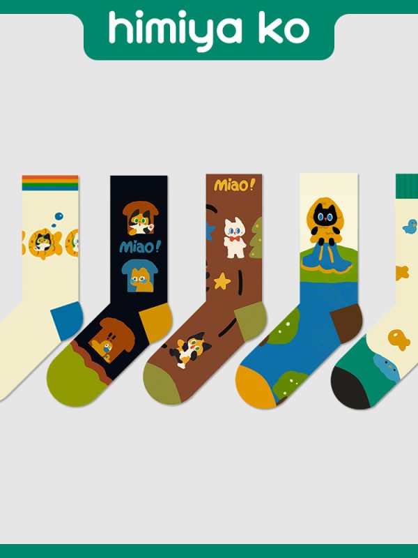 Summer Original Sweat-absorbent Cartoon Meow Meow Mid-length Socks Women's Thin Breathable Cute Illustration Fashionable  Socks Men