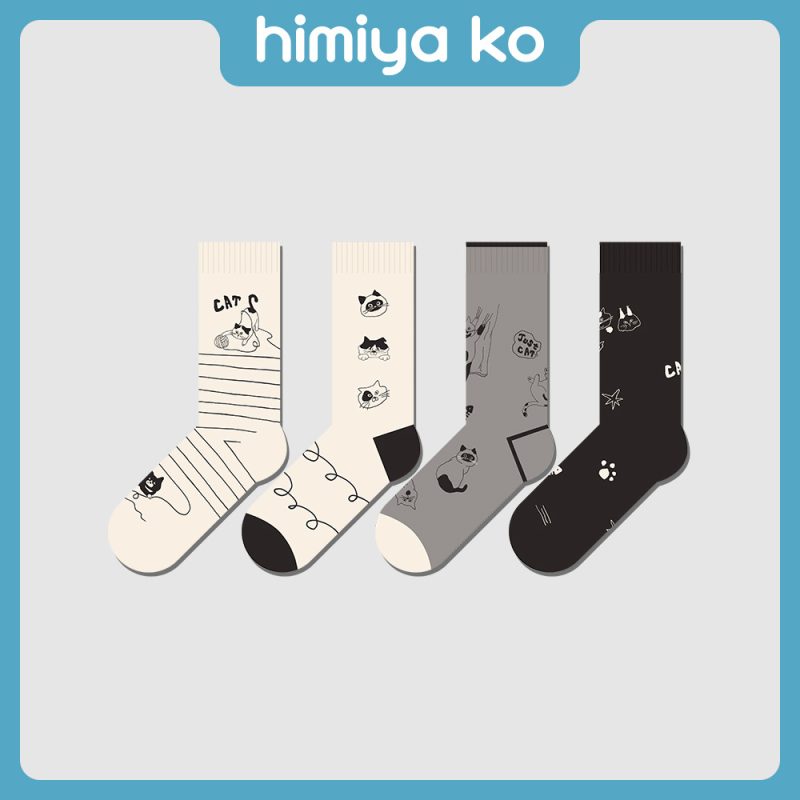 himiya ko autumn and winter new line cat cartoon tube socks women's fashion couples retro trend cotton socks