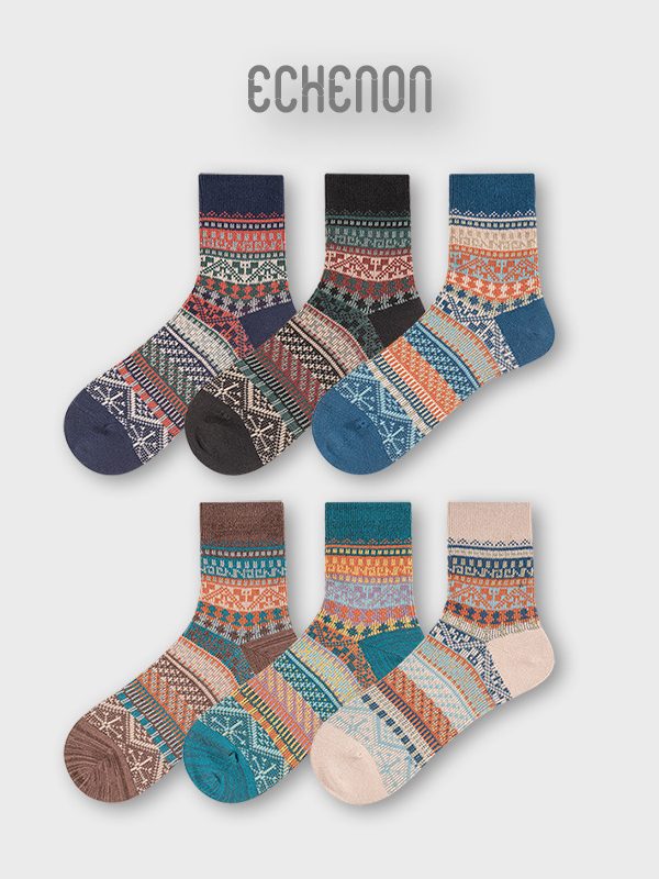ECHENON Spring and Summer New Vintage Ethnic Style Socks Boneless Combed Cotton Ami Kaji Double Needle Double Road Men's Socks