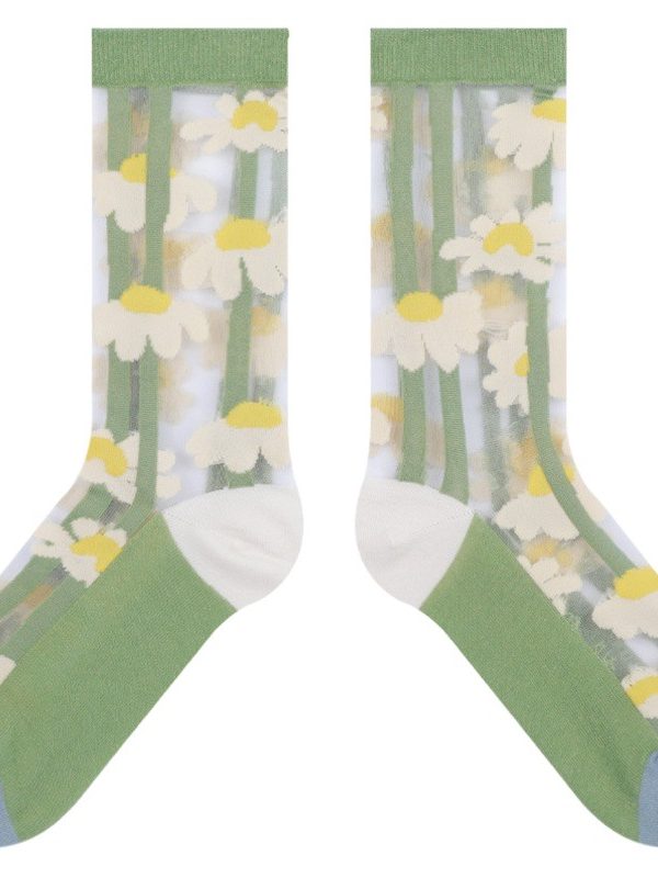 himiya ko glass stockings spring and summer socks female mid-barrel artist flower ultra-thin breathable sweet Crystal socks