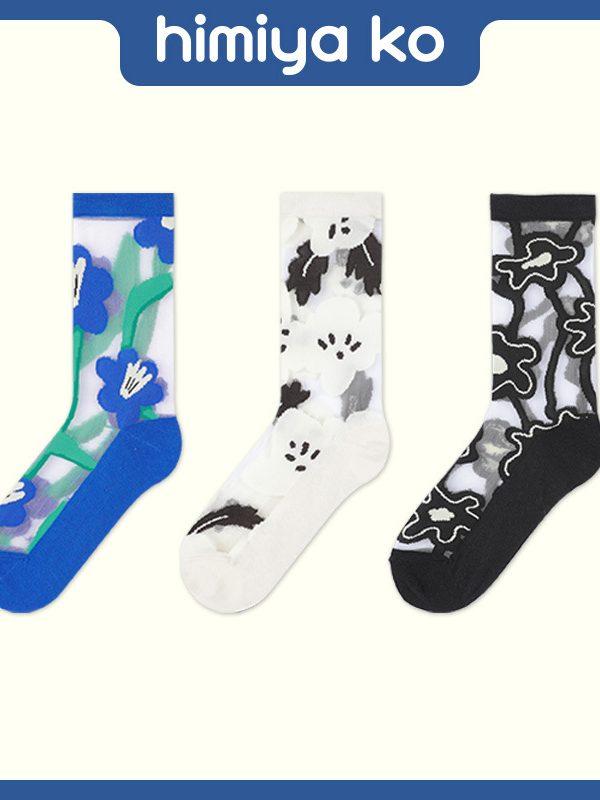 himiya ko sweet flower cotton bottom glass silk Crystal socks summer ultra-thin breathable tube socks ins tide cotton socks