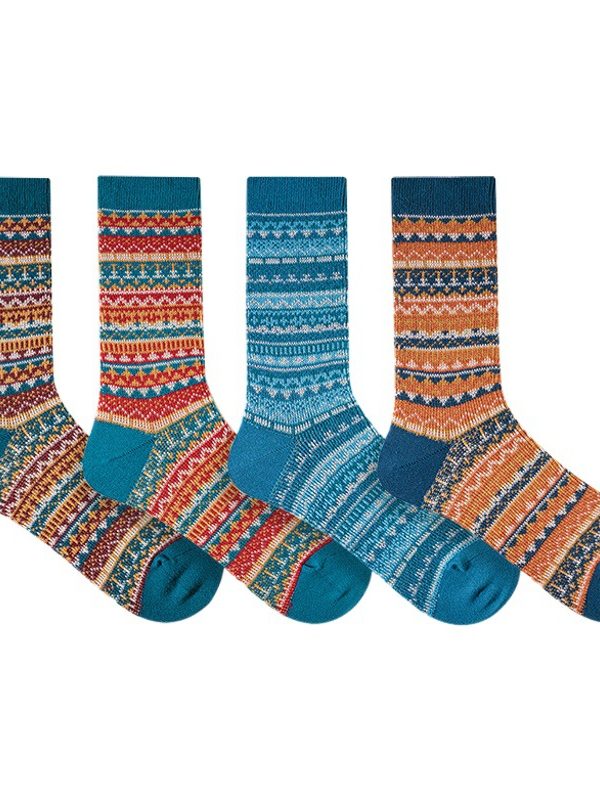 Autumn and winter socks women's double needle double-way combed cotton vintage ethnic style fairisland men's mid-calf length socks couple stockings