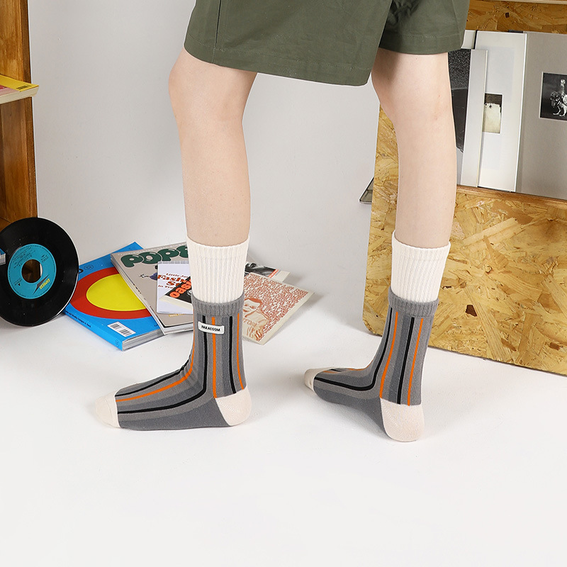 himiyako fashionable contrast color mid-calf length socks for women Autumn new double-mouth cotton socks Japanese striped socks for men - Image 5