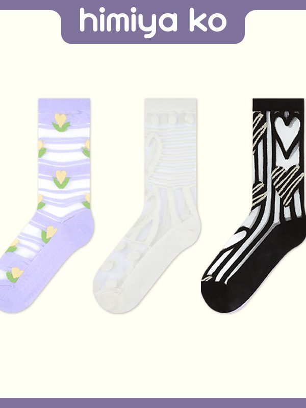 Himiya ko Hollow Heart Series Glass Stockings Crystal Jacquard Stockings ins Style Girly Style Mid-Size Stockings