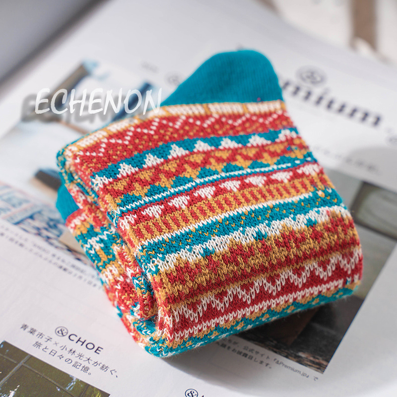 Fair Isle Socks: Vintage Ethnic Combed Cotton Mid-Calf Socks for Women & Men - Image 5