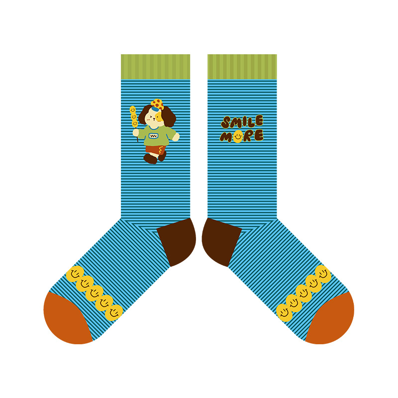 Cartoon Dog Socks: Blue Lattice Autumn Winter Fashion Cotton Tube Socks - Image 6