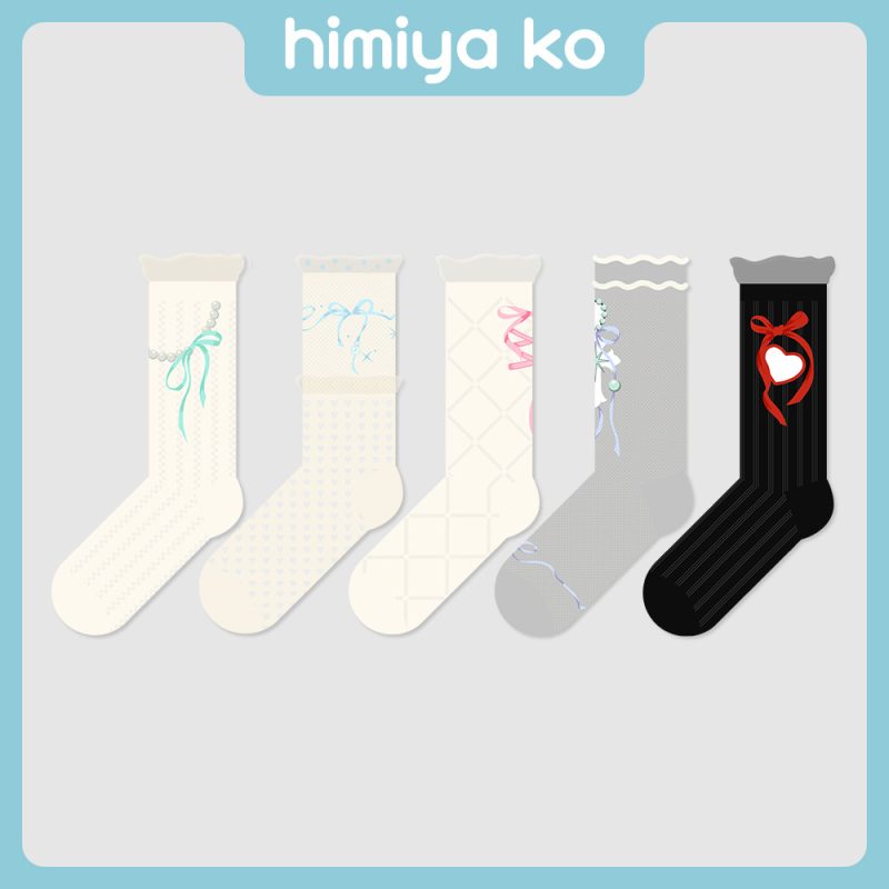 Summer New Glass Silk Mesh Loving Heart Ribbon Socks Women's Fashion Trend Ins Ballet Style Sweet Mid-Tube Socks