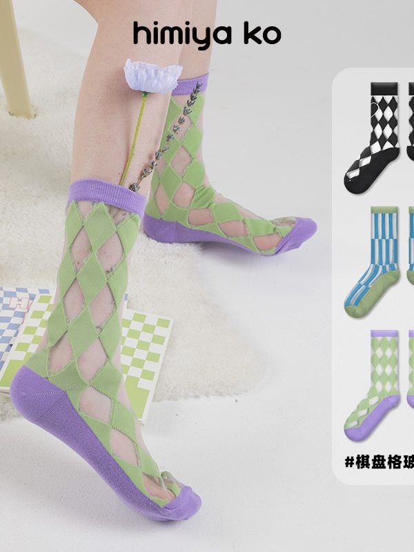 2025 summer socks women's ultra-thin checkerboard glass stockings little red book ins simple line breathable socks