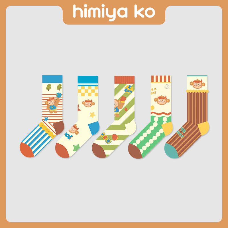 Autumn and Winter New Cute Cartoon Illustration Little Monkey Socks Women Striped Vintage Cotton Fashion Mid-tube Socks for Men and Women