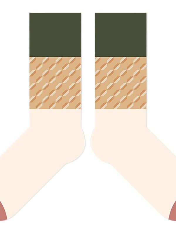 Brand new original personalized women's Japanese mid-calf length socks for students trendy brown green contrast color non-slip sweat-absorbing socks for women