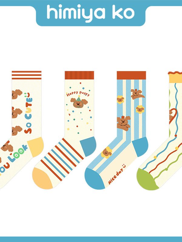 Summer thin glass mesh tube socks cartoon illustration apple puppy fashion trend cute cotton socks for children