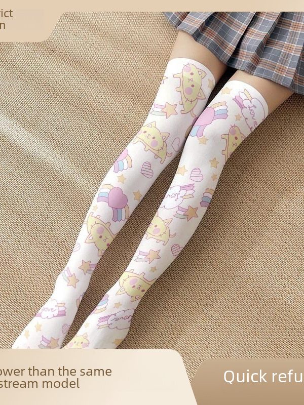 Printed Silk Stockings Thin Women's Spring and Autumn Japanese Style Lolita Cute Animation Over-the-Knee Long White Velvet Socks