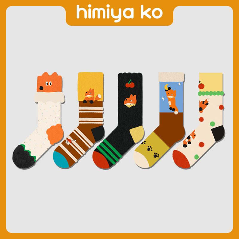 Brand winter thick socks women's cute little fox cartoon thickened Luo Kou turn-up socks women's cotton socks wholesale