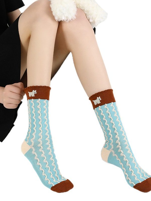 himiya ko Cute Puppy Socks Women's Spring and Summer New Sweet Lace Cloth Sticker Mid-length Socks ins All-match Fashionable Socks