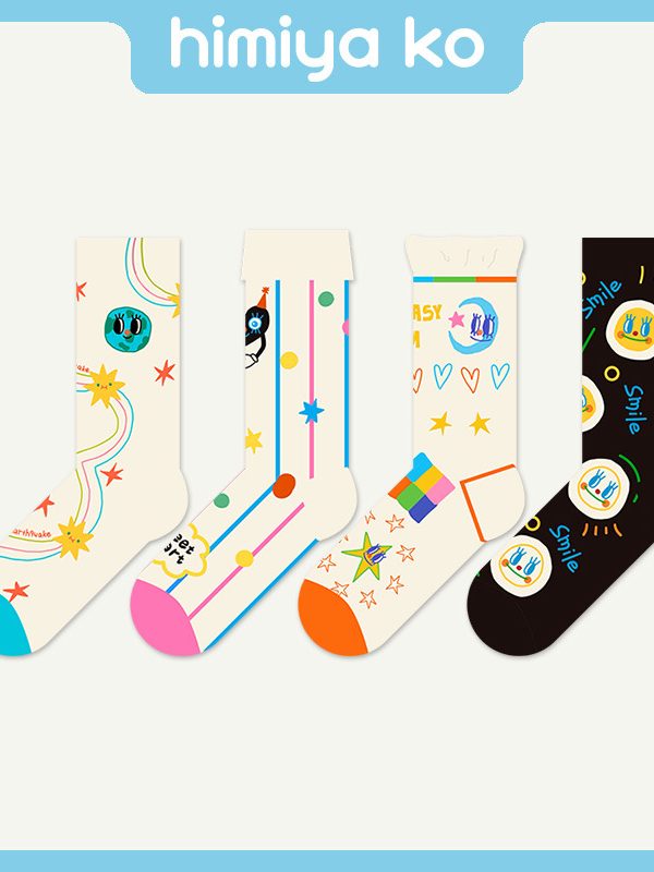 Spring and Summer Wave Dot Striped Color Dopamine Socks for Women Happy Planet Cartoon Cute Smiley Fashionable Mid-tube Socks for Men