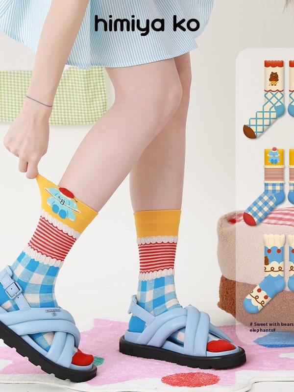 2025 Summer Cute Thin Glass Silk Stockings Women's Blue and White Lattice Breathable Women's Socks Cartoon Bubble Row Socks