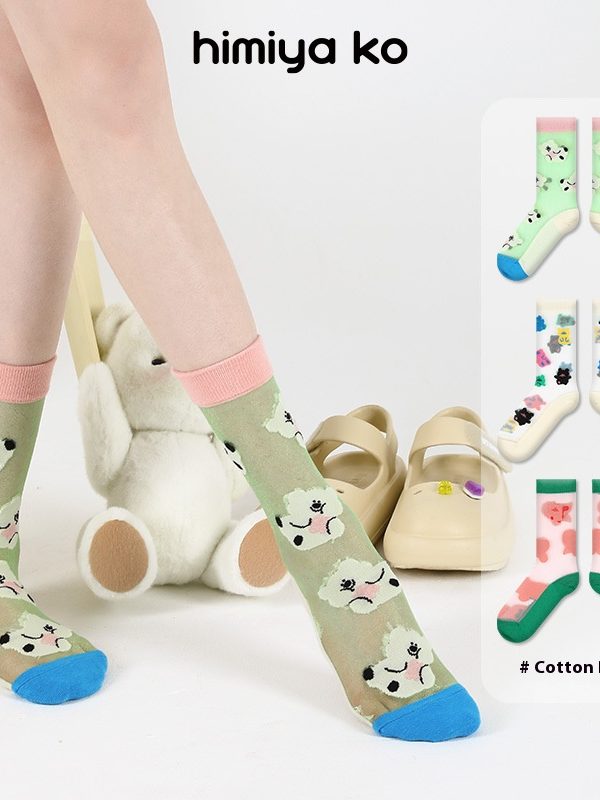 2025 Spring and Summer Cute Color Socks Children Cartoon Bear Dopamine Stockings Mid-tube Socks Breathable Cotton Socks Thin
