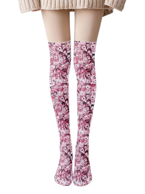 Printed Silk Stockings Thin Women's Spring and Autumn Japanese Style Lolita Cute Animation Over-the-Knee Long White Velvet Socks