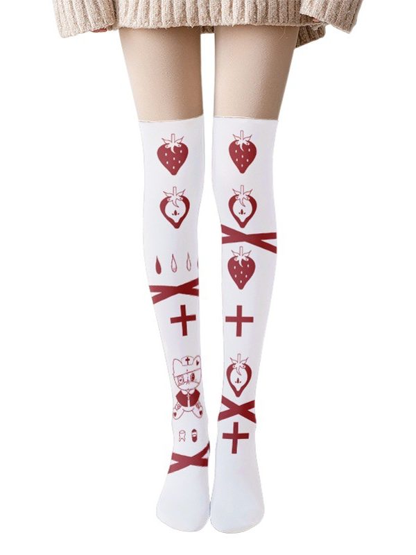 Printed Silk Stockings Thin Women's Spring and Autumn Japanese Style Lolita Cute Animation Over-the-Knee Long White Velvet Socks