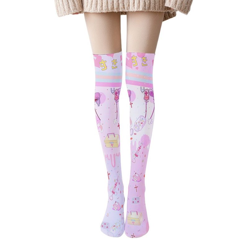Japanese Style Cute Cherry Printed lolita Pantyhose Cute lolita Printed Bottoming Socks lolita Girly Stockings