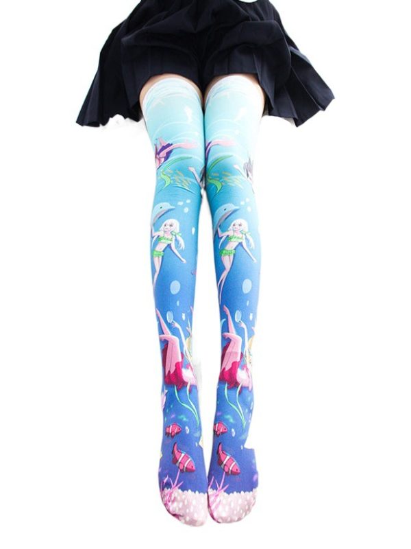 Printed Silk Stockings Thin Women's Spring and Autumn Japanese Style Lolita Cute Animation Over-the-Knee Long White Velvet Socks