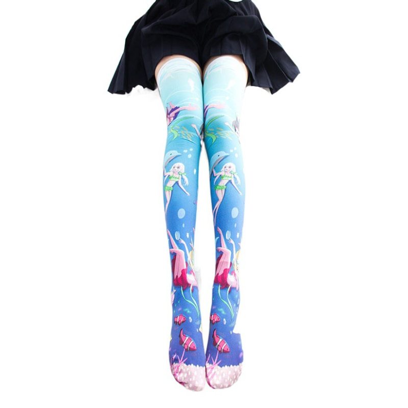 Printed Silk Stockings Thin Women's Spring and Autumn Japanese Style Lolita Cute Animation Over-the-Knee Long White Velvet Socks